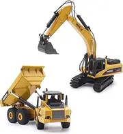 Mostop Excavator & Dump Truck Toy for Kids, 2 Pcs Heavy Duty Construction Vehicle Toys for Kids, 1/50 Scale Excavator Digger, Dump Truck Diecast Engineering Construction Vehicle for Kids & Children