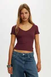 [Cotton On Women] Cotton On Women - Goldie Rib V Neck Short Sleeve - Sour cherry L SOUR CHERRY