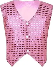 [RUNQHUI] Kids Boys Girls Shiny Sequins Vest Sleeveless V-neck Buttons Jacket Hip-hop Jazz Dance Party Tops Waistcoat