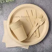 LEKOCH 25 Guests Disposable 100% Bamboo Pulp 10inch Plates, Cutlery, Paper Napkins, Cups Party Set, Biodegradable Disposable Bamboo Pulp Dinnerware Set