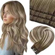 LaaVoo 18 inch Invisible Wire Hair Extensions Human Hair Micro Ring Hair Extensions Weft Balayage Colorful Ash Blonde Mixed Medium Blonde with Platinum Blonde 12" Width 50g (#18/22/60) 22 inch #8/60/8