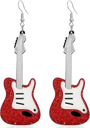 [JNONL] Personalized Rock Retro Acrylic Guitar Dangle Drop Earrings Creative Shiny Sequins Guitar Instrument Hook Earrings for Women Girls Music Lovers Statement Jewelry Gifts
