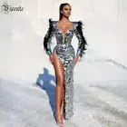 Women Black Feather Decor Long Sleeves Side High Slits Mirrored Round Sequined