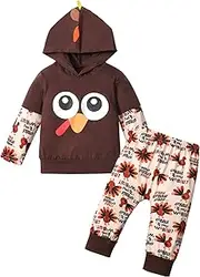 [WIQI] Baby Boy Thanksgiving Outfit Toddler Print Thanksgiving Outfits Pants 12m-4t Holiday 2pcs hooded Clothing Set