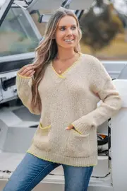 Cupshe Beige V-Neck Long Sleeve Patch Pocket Sweater - Beige,L