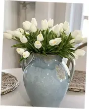White Tulips Artificial Flowers 18Pcs Faux Silk Tulip Real Touch Tulip Fake