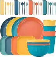 HOMIEST 36 PCS Wheat Straw Dinnerware Sets - Reusable Plates and Bowls Sets, Unbreakable Cups, Knives, Forks, Spoons & Chopstick, Microwave, Dishwasher Safe Tableware Kitchen Outdoor Camping Presents