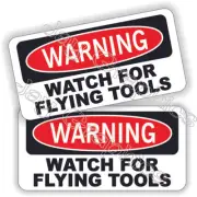 pair - Watch For Flying Tools Funny 1"x2" Hard Hat Stickers Toolbox Decals
