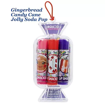 Lip Smacker Ornament 3 Flavors Lip Balm, Gingerbread Candy Cane Jolly Soda Pop