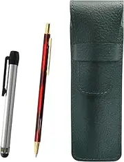 SASMG-ALST-SDMB-R Grain Leather Pen Case Moss Green Metal Touch Stick Silver and SD Marble Pattern Ballpoint Pen Set for All Metal Notebook