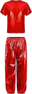 [Aislor] Kids Girls Sparkly Metallic Short Sleeve Hip Hop Street Dance Tshirt And Harem Pants Set Performance Dancewear