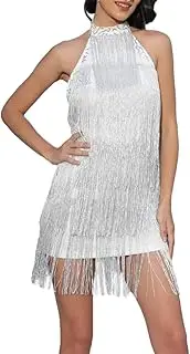 [HEYDHSDC] Women Latin Dance Sequin Tassel Dresses Irregular Sleeveless Spaghetti Straps Fringe Dress