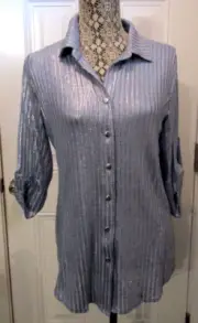 Pure Amici Blouse Metallic Gunmetal Silver Button Front Roll Tab Sleeves NWT M