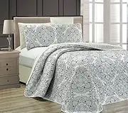 3pc Reversible Oversized Bedspread Set Medallion Print Light Grey White Black New, Full/Queen Bedspread