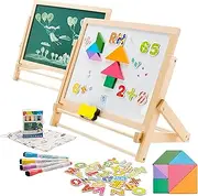 Kids Art Easel,Tabletop Wooden Easel for Kids Foldable Double Sided Boards with Shapes Letters Numbers and Pens,Toddler Art Chalkboard