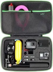 HSU Large Carrying Case for GoPro Hero 13, 12, 11, 10, 9, 8, 7, 6, 5 Black, AKASO Campark and Accessories with Carry Handle and Carabiner Loop - Portable and Shock (Green Logo)