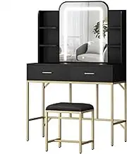 ALFORDSON Dressing Table Stool Set Makeup Vanity Desk with Mirror LED, Adjustable Brightness Light & Storage Drawer Chair, Dresser Vanity Table Organiser for Bedroom Dressing Room, Black
