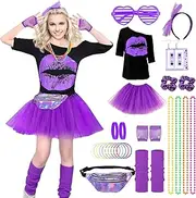 HarnyLoom 80s Fancy Dress for Women 80s Costume Accessories Set Lips Print T-Shirt Adult Tutu Skirt Lace Headband Neon Earrings Necklace Leg Warmers Fishnet Gloves Bracelet for Party