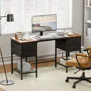ApexSpace Computer Desk Office Desk with Drawers&Mesh Shelf Gaming Desk with Ample Storag File Drawer Organization Ideal Home Office Desk for Home Study Work 140CM Rustic Brown Black