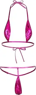 [Linjinx] Women's Extreme Micro Bikini Swimwear Thong Sets Shiny Metallic Lace Up 2 Piece Bathing Suits