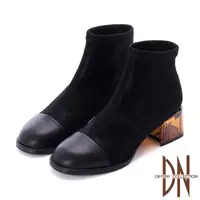 在飛比找momo購物網優惠-【DN】短靴_彈力布拼接牛皮襪套式透明跟 粗跟短靴(黑)