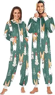 [ZZXXB] Xmas Tree Corgi Onesie Pajamas for Adult Women Men Long Sleeves One Piece Onesies Hooded Sleepwear S - XL