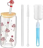 Drinking Glasses with Lid and Straw - Glass Tumbler 500 ml - Glass Cup Pink Mushroom Iced Coffee Cup Drinking Cup for Iced Coffee Smoothie Matcha Cocktail for Sister Girlfriend Birthday Anniversary