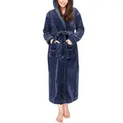 Long Hooded Robe for Women Flannel Fleece Full Length Bathrobe Shower Nightgown-Navy
