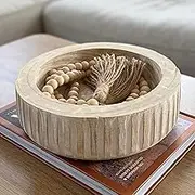 Decorative Bowl Set - farmhouse wooden bowl, wood bead garland | neutral home decor rustic for bookshelf decortable centerpieces coffee table key entryway boho decor, 9.8''x9.8''x3''