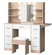 ALFORDSON Dressing Table and Stool Set with LED Mirror, Shelves and Drawers, 132cm Makeup Vanity Desk with Extendable Countertop, Wood White Color