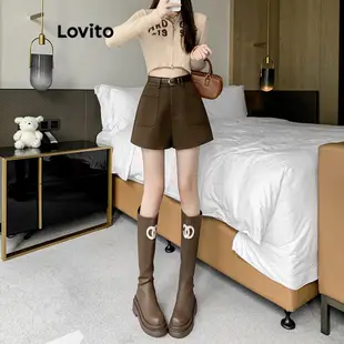 Lovito 女士休閒純色口袋拉鍊短褲 LNE34021 (咖啡色/黑色)