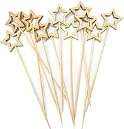 Bamboo Cocktail Picks 5.5" - Gold Star Skewers for Appetizers, Fruits & Drinks - Party Supplies for Christmas, New Year & Holiday Events