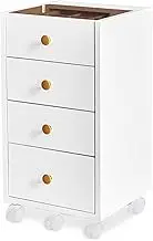 JanlyHome Small 4 Drawer Chest - Office Dresser Under Desk, Wood Storage File Cabinet with Glass Top, Mobile Printer Stand with Lockable Wheels for Home Office Study, White