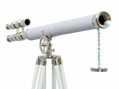 64" Admiral's Chrome with White Leather Griffith Telescope With Wooden Tripod