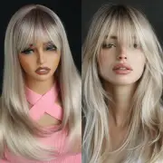 Highlight Blonde Wig Bangs Straight 2x1 HD Synthetic Lace Wig for Women Gluel...