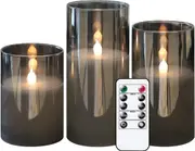 Led Candles with 10-Key Remote and Timer, Gray Glass Battery Operated Flameless Real Wax Candles for Home Decoration(Set of 3)