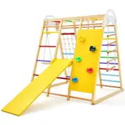 Babyjoy Climb Playset 8-in-1 Kids Jungle Gym Playset Wooden Climber Play Set w/Monkey Bars Indoor Swing Slide Playground