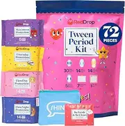 RedDrop 72 PC Period Kit for Tweens - Comfort Fit Feminine Pads Designed for Tween Needs - Pads for Teens - Teen Pads - Period Pads & Discreet Period Bag - First Period Kit for Girls 10-12 for School