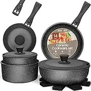 Bakken-Swiss Detachable 15-Piece Cookware Set – Granite Non-Stick – Eco-Friendly – Stackable Removable Handles – for All Stoves & Oven-Safe - Marble Black Coating