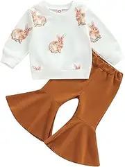 [Noubeau] Toddler Baby Girl Easter Outfit Long Sleeve Bunny Sweatshirt Tops and Flared Pants Bell Bottoms Rabbit Clothes Set