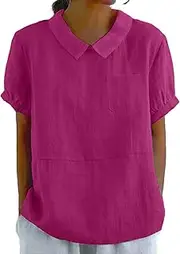 [Generic] Women's Linen Short Sleeve Blouse Tops with Collar Breathable Casual Stylish Floral Top Linen Tops for Women