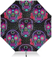 [RPLIFE] Windproof Travel Umbrella, Umbrella Small Compact, Auto Open Close, Backpack Purse Portable, Ideal for Women, Colorful Skulls Flowers