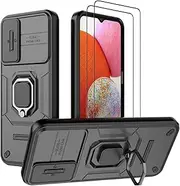 [DERHAN] Case for Samsung Galaxy A14 4G / A14 5G, Armour Case with Protective Film [Pack of 2] + Slide Camera [Camera Protection], Protective Case, Shockproof Mobile Phone Case with Ring Stand - Black