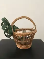 Small Brown Natural Wood Wooden Wicker Woven Basket Single Handle Green Ribbon