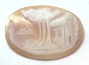 NOS Antique Hand Carved Oval Shell CAMEO Stone House & Tree Scene #N425