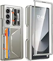 CENMASO for Samsung Galaxy Z Fold 6 Case with S Pen Holder & Wallet Card Holder & Slide Camera Cover & Hinge Protection & Screen Protector [RFID Blocking] Shockproof Case for Z Fold 6-Natural Titanium