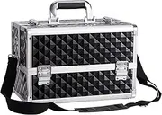 [Joligrace] Makeup Organiser Box Vanity Case Extra Large Beauty Case 4 Trays Makeup Storage Box with Shoulder Strap Clasp Locks with Keys, Black, grand
