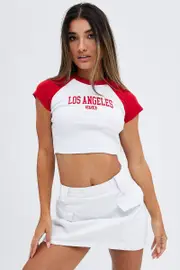 Red Tee Contrast Short Sleeve Round Neck Graphic - Size M, Women's Graphic Tee