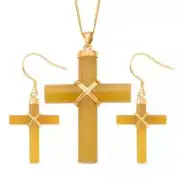 STUNNING!! Yellow Jade Cross Earrings & Necklace Set Vermeil Plated Sterling