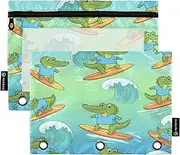 RPLIFE Pencil Pouch for 3 Ring Binder, 2 Pack, Soft Large Pouch with Zipper, Back to School Supplies, 9.8″ × 7″, Cute Cartoon Crocodiles Surfing Surfboards